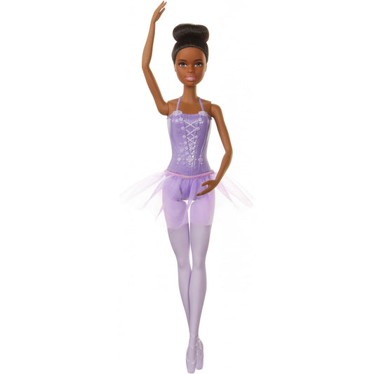 Muñeca Barbie Bailarina con tutú morado, pelo negro, ojos marrones, brazos de ballet y zapatos con punta esculpida