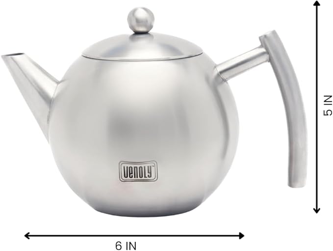 Tetera de acero inoxidable con infusor extraíble para hojas sueltas y bolsitas de té, agua caliente que hierve rápidamente, apta para lavavajillas y resistente al calor (plata, 1 cuarto de galón/litro) 