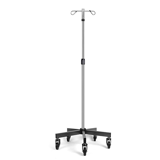 IV Poles with Wheels IV Stands 2 Hooks 5 Legs Rolling Base with Heavy Duty Stainless Steel, Adjustable Height