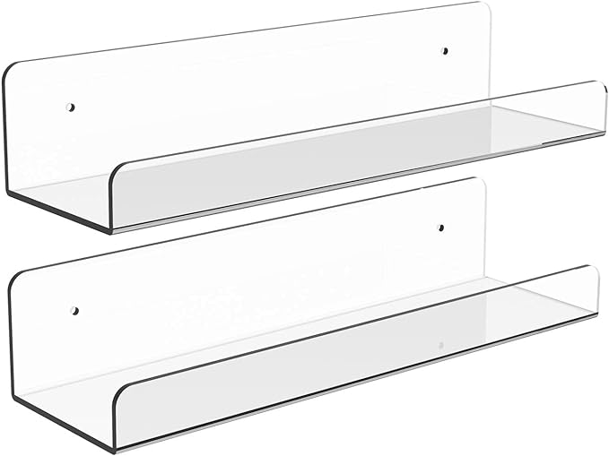 2 Pack 15 Inch Acrylic Invisible Kids Floating Bookshelf for Kids Room, Modern Picture Ledge Display Toy Storage Wall Shelf, Clear