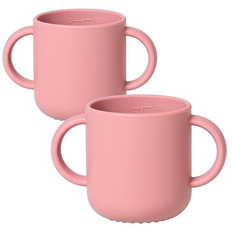 Vaso de entrenamiento de silicona para bebés, 2 piezas, 2 asas, vaso de aprendizaje para niños pequeños, vasos abiertos para beber con asas de fácil agarre, vaso para niños pequeños de 6 meses en adelante, 150 ml/5 oz, color malva pálido 