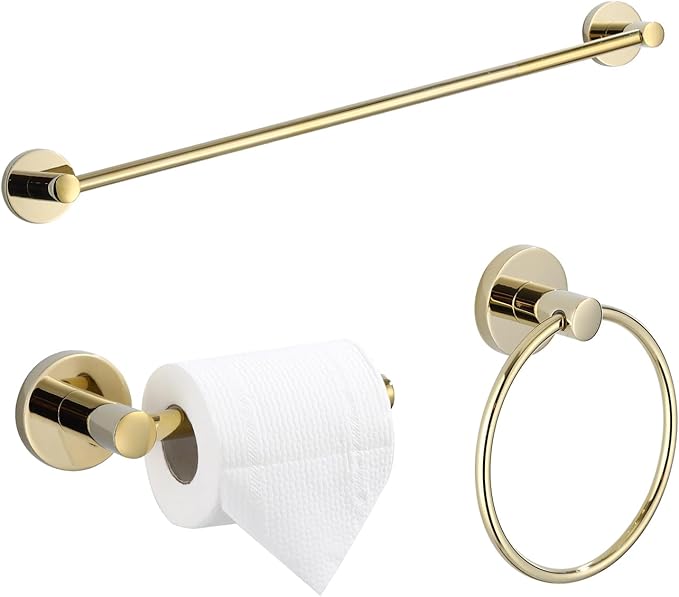 3 Pc. Chrome Bathroom Hardware Accessory Set,24'' Towel Bar, Toilet Paper Holder,Towel Ring,3-Piece Lavatory Shower Set