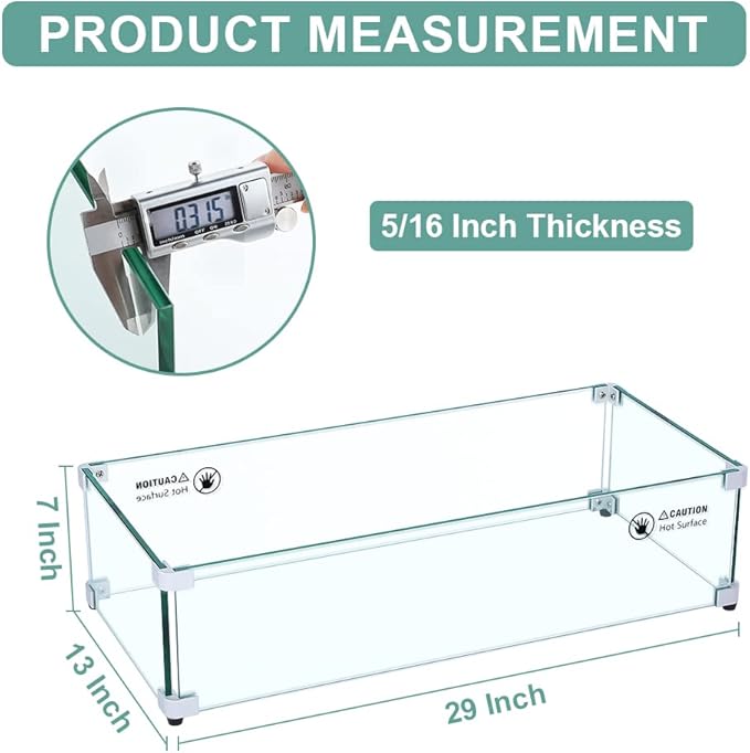 Apromise Fire Pit Wind Guard - 29" x 13" x 7" Fire Pit Glass Wind Guard for Rectangular Fire Pit Table | 5/16-Inch Thickness Tempered Glass & Hard Aluminum Corner Brackets