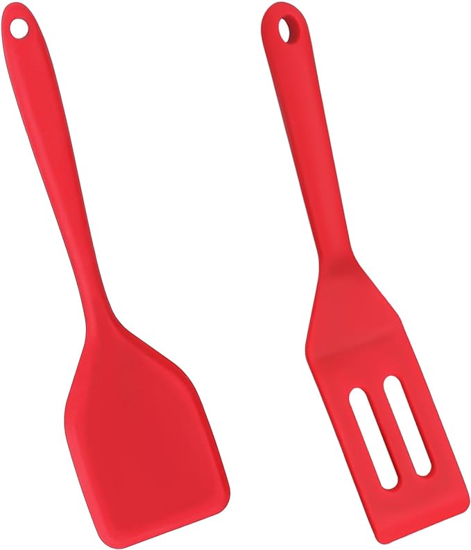 Espátula de silicona de 2 piezas, espátula pequeña para servir, espátula para cocinar, espátula ranurada para galletas, espátula de silicona resistente al calor (rojo)