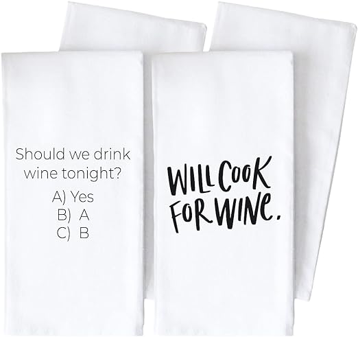 Juego de 2 paños de cocina o de plato de algodón prémium de la colección Words de Porter Lane Home para hornear y cocinar, juego de 2 (Cook for Wine/Should We Drink?)