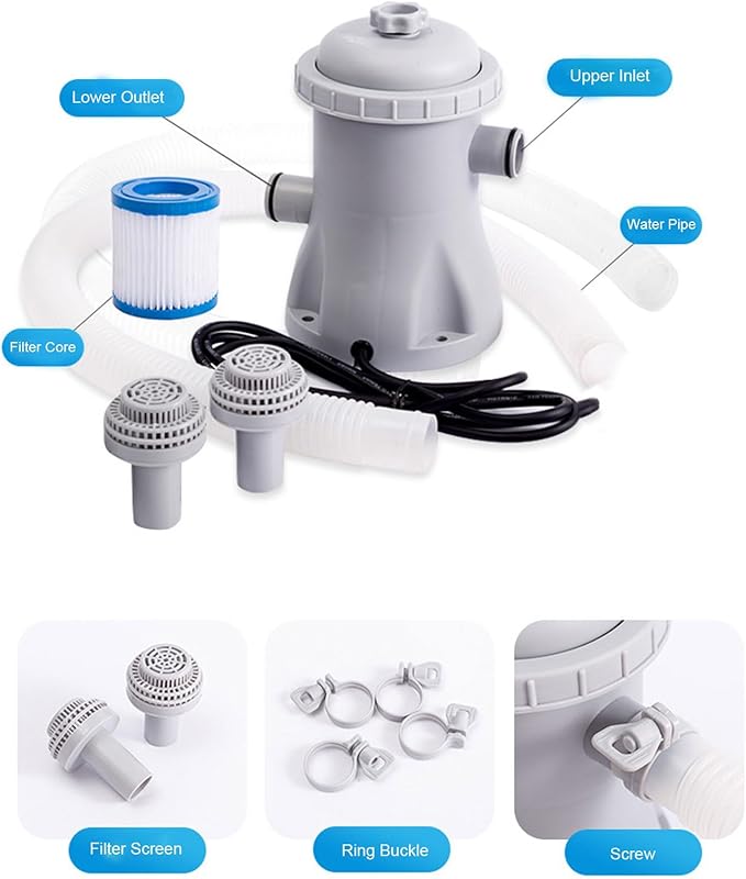 Swimming Pool Filter Pump, 330 Gallon Inflatable Pool Filter Pump Kit, Effective Filtration, Low Noise, Reusable Swimming Pool Clear Cartridge Filter Pump