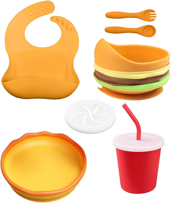 Baby Utensils Set with Adjustable Bib, Sippy Cup,Spoon and Fork, 6+ Months