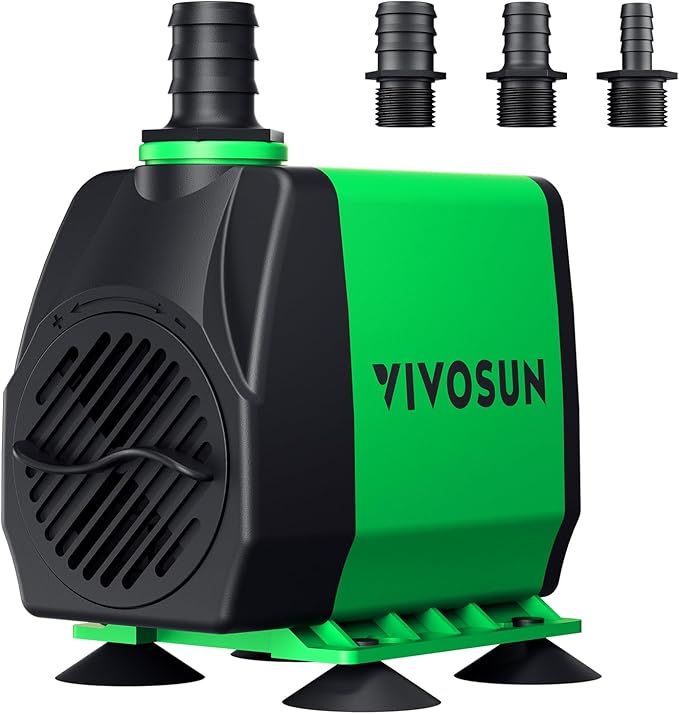 VIVOSUN 800GPH Submersible Pump(3000L/H, 24W), Ultra Quiet Water Fountain Pump with 10ft. High Lift with 6.5ft. Power Cord, 3 Nozzles for Fish Tank, Pond, Aquarium, Statuary, Hydroponics Green