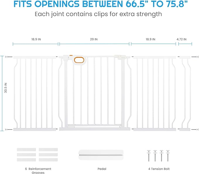 owlie Baby Gate with Door 66-75 Inch, Extra Wide Stair Gates for Kids Adjustable Wide Baby Pet Gate Stairway Large Baby Gates Pressure Mount for Pets for House Stairway Doorway White (30.5'' Tall)