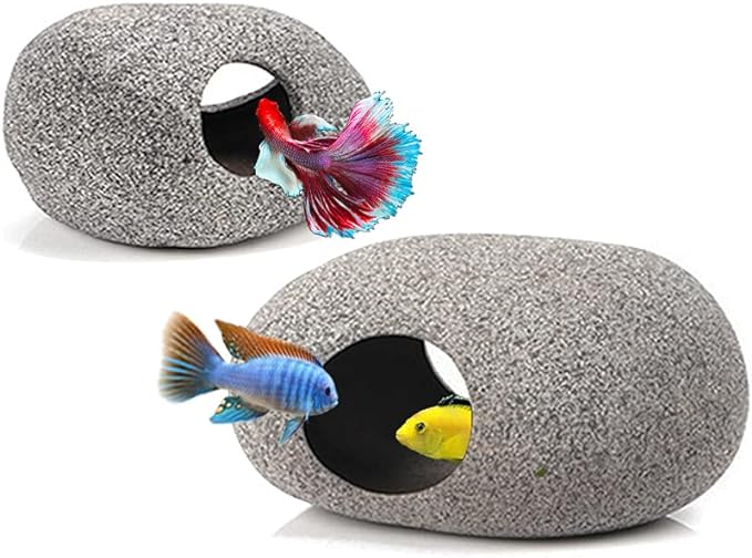 Decoraciones de cerámica para peceras, accesorios para peceras Betta, cuevas de roca, cueva apilable para cíclidos de acuario, escondite y casa de peces Betta, pequeña roca escondida para pecera (2 piezas estilo ovalado A)