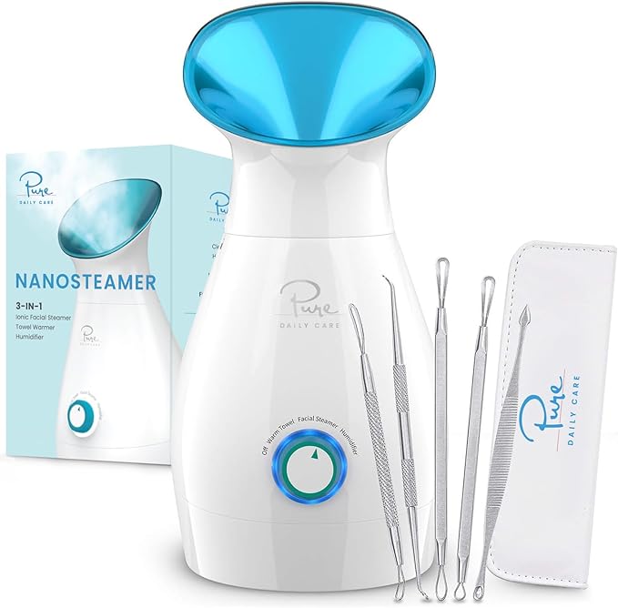 NanoSteamer - Vaporizador facial iónico nano 3 en 1 grande con control preciso de temperatura, humidificador, desobstruye los poros, elimina los puntos negros, calidad de spa, kit de acero inoxidable de 5 piezas de regalo 