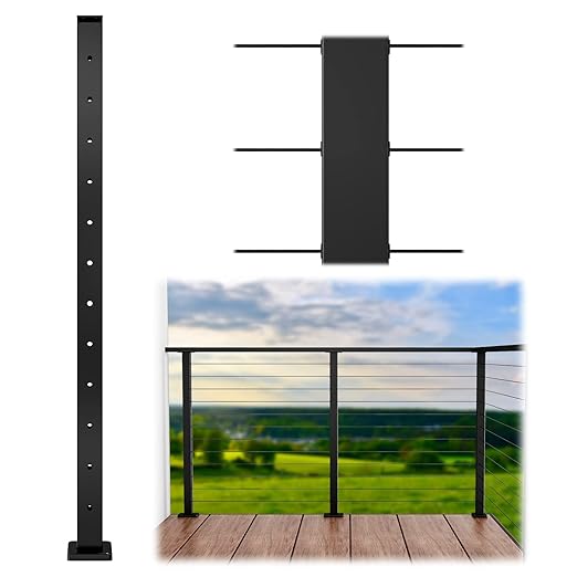 Muzata Black Cable Railing Post Level drilled 42"x2"x2" Surface Mount T304 Stainless Steel Cable Railing System Kit Indoor Outdoor with Paper User Guide PS02 BH4L