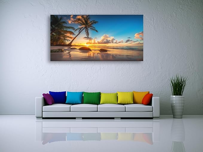 30x60"  Sunset on a Tropical Beach with Palm Trees