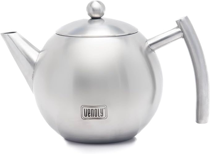 Tetera de acero inoxidable con infusor extraíble para hojas sueltas y bolsitas de té, agua caliente que hierve rápidamente, apta para lavavajillas y resistente al calor (plata, 1 cuarto de galón/litro) 