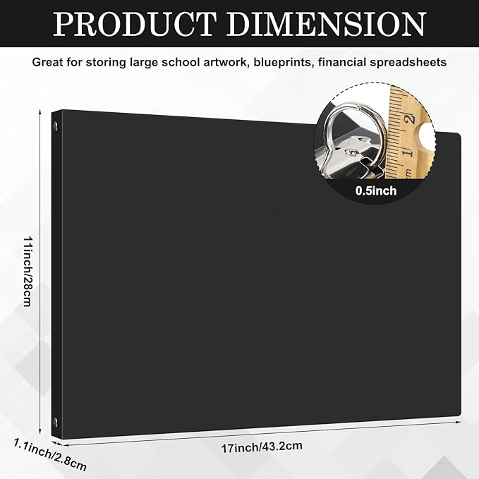 11" x 17" 3 Ring Black Binder Round Ring Binders, 11 x 17 Binder 3 Ring, Binder Folder 3 Ring Folder for Pressboard Presentation, Reports, Proposals, Documents (0.5 Inch)