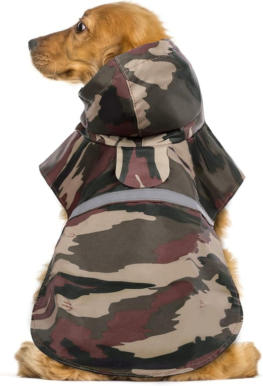 KOESON Dog Raincoat Waterproof Pet Rain Jacket, Reflective Adjustable Dog Rain Poncho Slicker with Leash Hole, Camouflage Lightweight Rainproof Hoodie Clothes for Medium Large Dogs Brown M