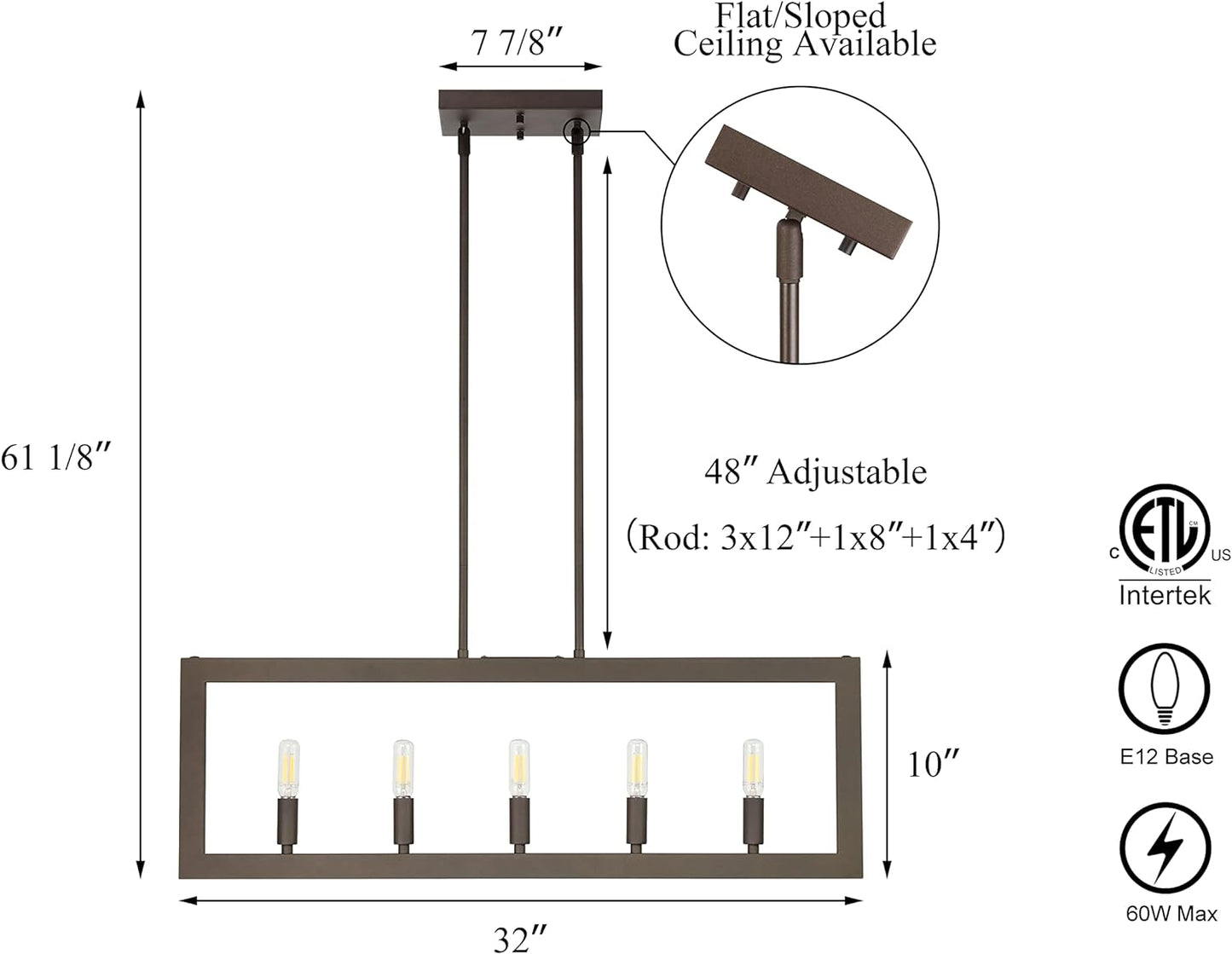 XiNBEi Lighting 5 Light Kitchen Island Lighting, Modern Farmhouse Rectangle Dining Room