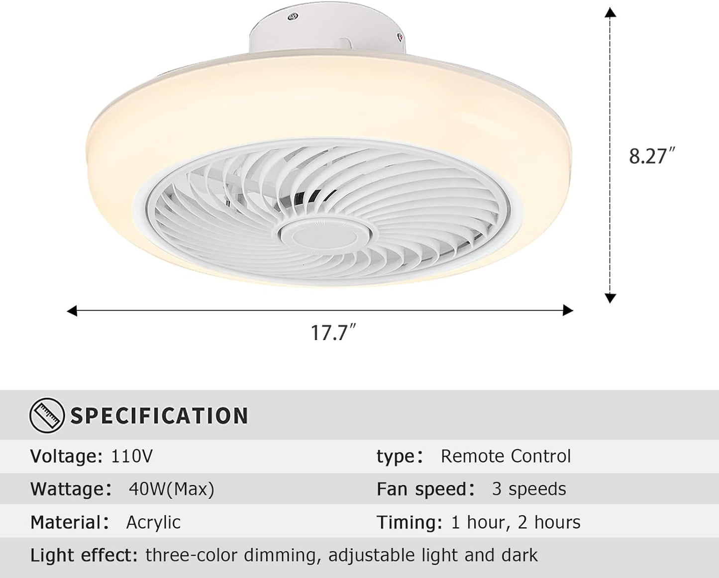 DRNANLIT White Ceiling Fan with Light and Remote Control, 17.7"