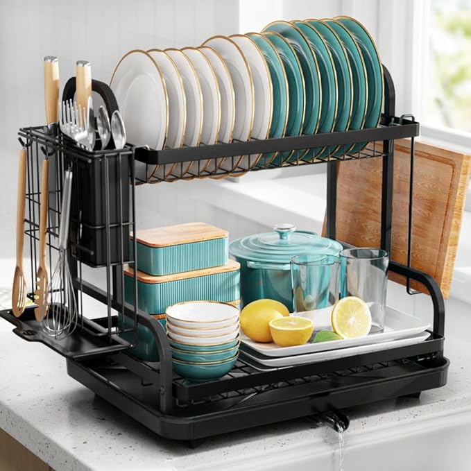 2-Tier Dish Rack for Kitchen Counter with Utensil Holder