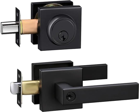 Exterior Door Lock Set with Single Cylinder Deadbolt Lock-Square Entry Door Locksets with Deadbolt Matte Black Front Door Lock Set, Keyed Alike Front Door Handle and Deadbolt Set