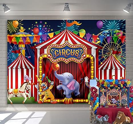 Red Circus Backdrop Amusement Park Tents Stratus Playground Carnival Carousel Kids Boy Girl 1st First one Birthday Party Background Photo Baby Shower, 7x5FT