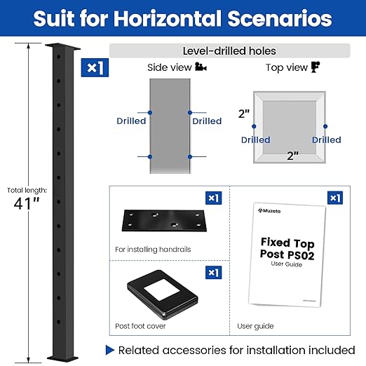 Muzata Black Cable Railing Post Level drilled 42"x2"x2" Surface Mount T304 Stainless Steel Cable Railing System Kit Indoor Outdoor with Paper User Guide PS02 BH4L