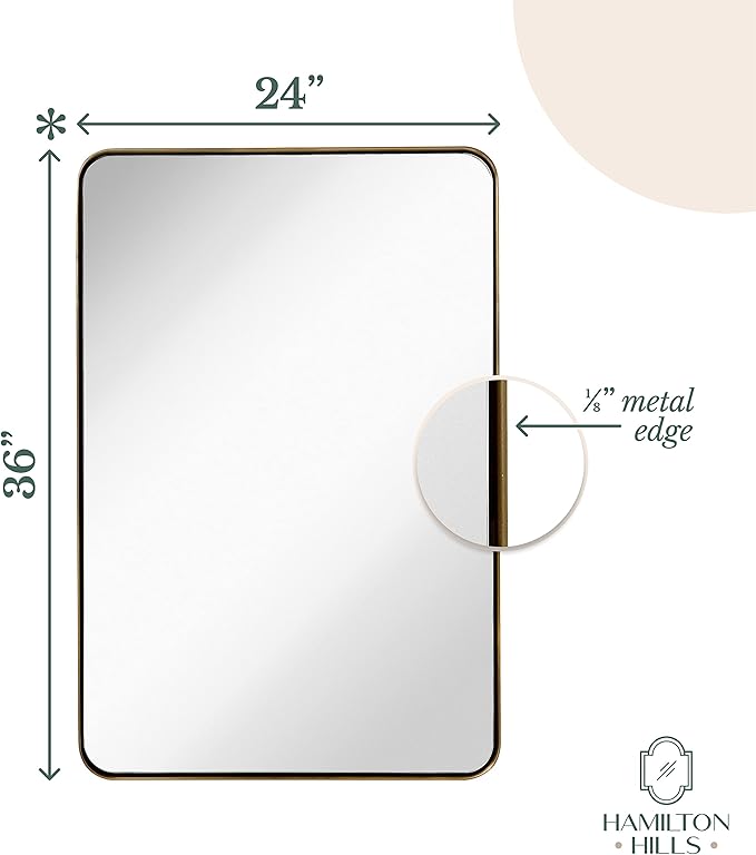 24x36 inch Metal Gold Frame Mirror for Bathroom | Brushed Rectangular Rounded Corner Vanity