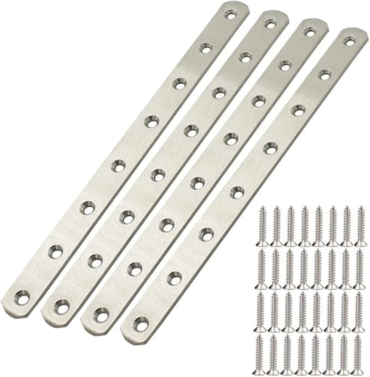 12" Flat Mending Plate 4Pcs Flat Straight Braces Stainless Steel Straight Brackets, Repair Fixing Bracket Connector, Mending Joining Plates with Screws, Silver