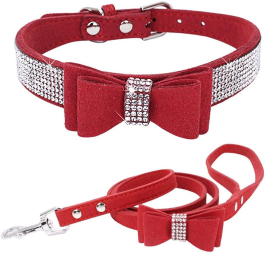 L Dog Collar + Leash Set Sparkling Soft Red