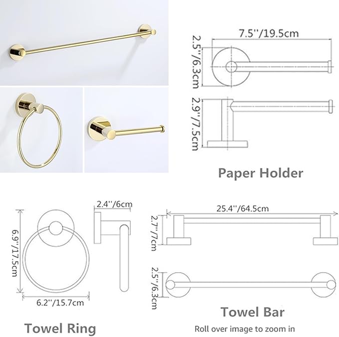 3 Pc. Chrome Bathroom Hardware Accessory Set,24'' Towel Bar, Toilet Paper Holder,Towel Ring,3-Piece Lavatory Shower Set