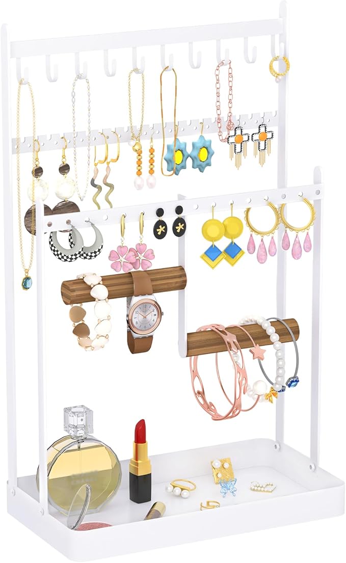 Jewelry Organizer Jewelry Display Stand, Jewelry Holder Necklace Organizer with Tray, Metal Jewelry Tower Rack Tree for Earring Necklace Ring Bracelets Display and Storage, White