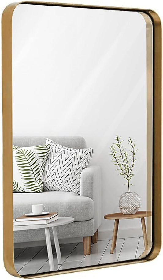 24x36 inch Metal Gold Frame Mirror for Bathroom | Brushed Rectangular Rounded Corner Vanity
