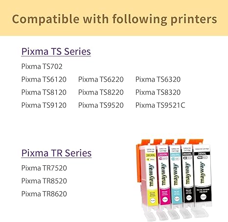 Cartuchos de tinta recargables compatibles con Mayway 280XL 281XL 280 281 XL, compatibles con impresoras Pixma TR7520 TR8520 TS6120 TS6220 TS8120 TS8220 TS9120 TS9520 TS9521C TS702 (paquete de 5) 