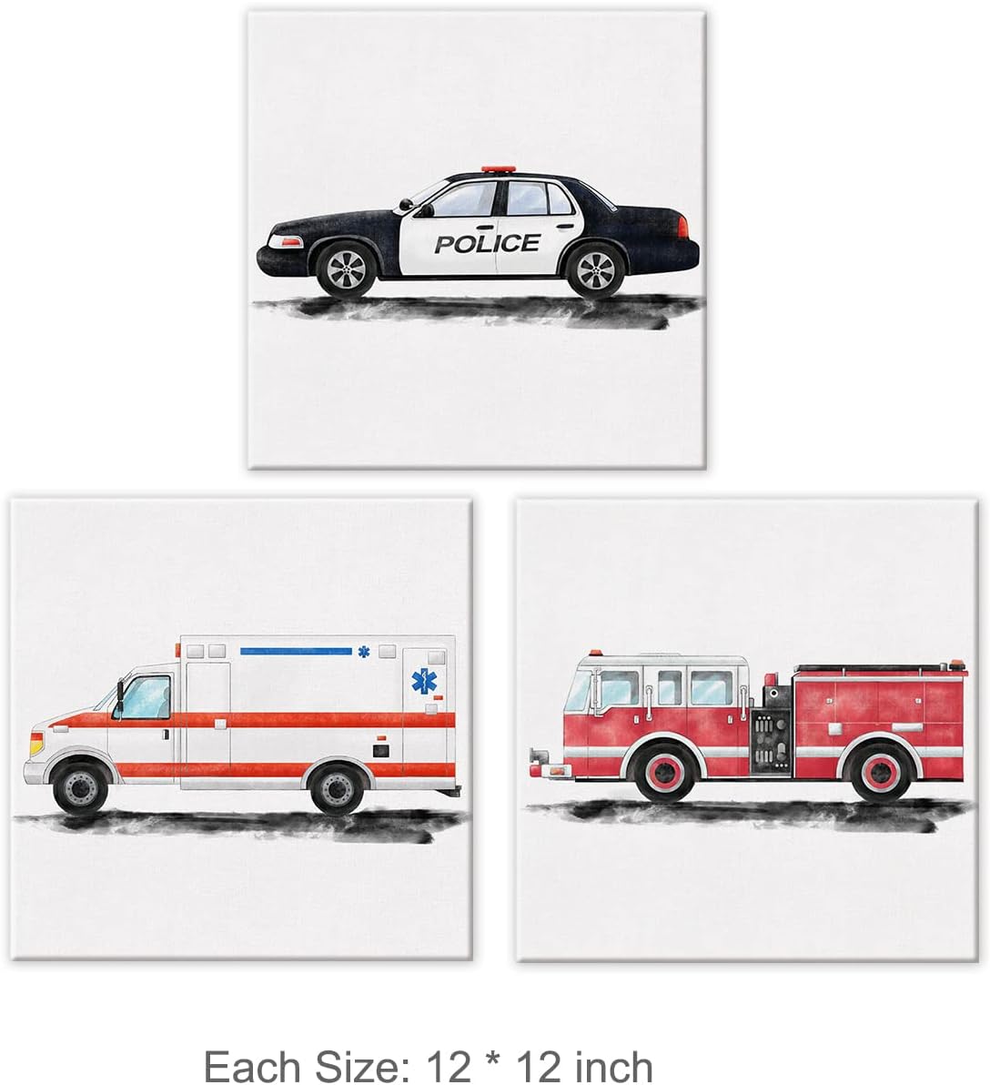 Set of 3 Fire Truck Police Car Ambulance Nursery Posters Canvas Wall Art