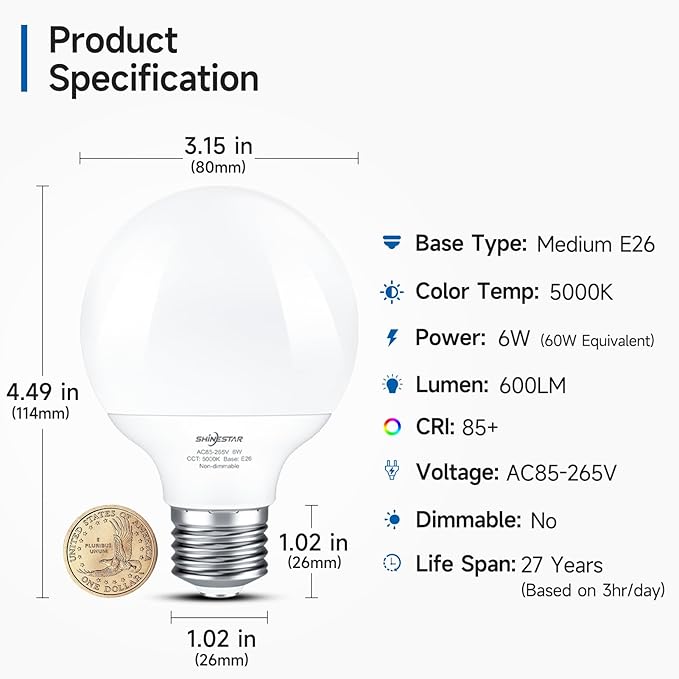 SHINESTAR 8-Pack Vanity Light Bulbs, Daylight 5000K, 60w Equivalent, G25 LED Globe Light Bulbs for Bathroom Mirror, 600LM, E26 Medium Base, Non-dimmable