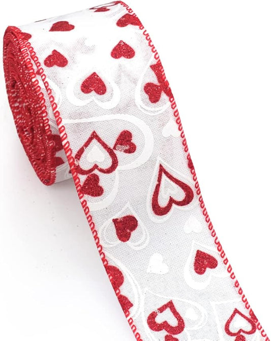 Valentines Fabric Ribbons, White Love Heart Edge Wired Burlap Ribbon for Valentine's Day Hanging Wrapping Party Gift Decoration Indoor Outdoor Tree Crafts Supplies (2.5 Inch * 10 Yards * 1 Roll)