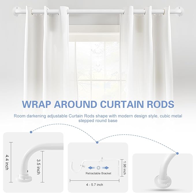 White Wrap Around Curtain Rods,Heavy Duty Curtain Rods for Windows 28 to 48 Inch(2.3-4Ft),1 Inch Adjustable Blackout Curtain Rod,Room Darkening Drapery Rods,Black Out Window Curtain Rod 28-48"