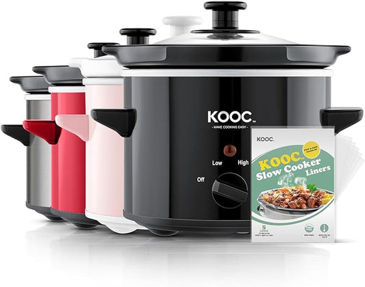 KOOC Small Slow Cooker, 2-Quart, Free Liners Included for Easy Clean-up, Upgraded Ceramic Pot, Adjustable Temp, Nutrient Loss Reduction, Stainless Steel, Black, Round