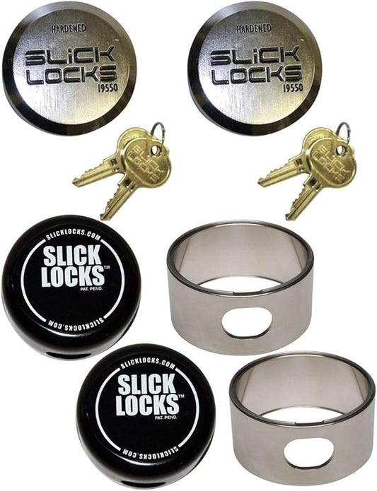 Slick Locks incluye: (2) cerraduras de disco de hockey (con la misma llave), (2) cerraduras giratorias y (2) cubiertas 