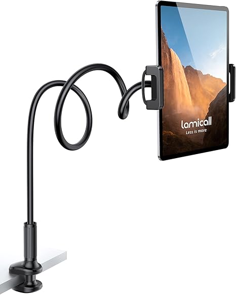 Soporte de cuello de cisne para tableta Lamicall para cama - Abrazadera de brazo flexible para tableta para cama compatible con Pad Mini 7.9, Air 9.7, Pro 10.5, Kindle, Switch, Galaxy Tabs y más dispositivos de 4.7 a 11" - Negro 