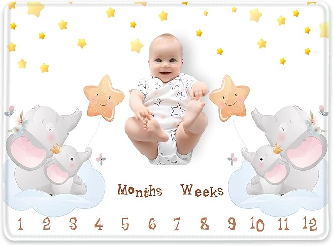 Elephant Desgin Baby Month Blanket First Year Calendar Growth Chart Play Mat Large 60" x40''