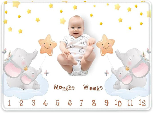 Elephant Desgin Baby Month Blanket First Year Calendar Growth Chart Play Mat Large 60" x40''