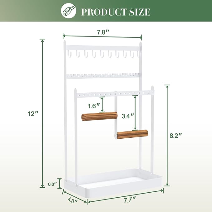 Jewelry Organizer Jewelry Display Stand, Jewelry Holder Necklace Organizer with Tray, Metal Jewelry Tower Rack Tree for Earring Necklace Ring Bracelets Display and Storage, White