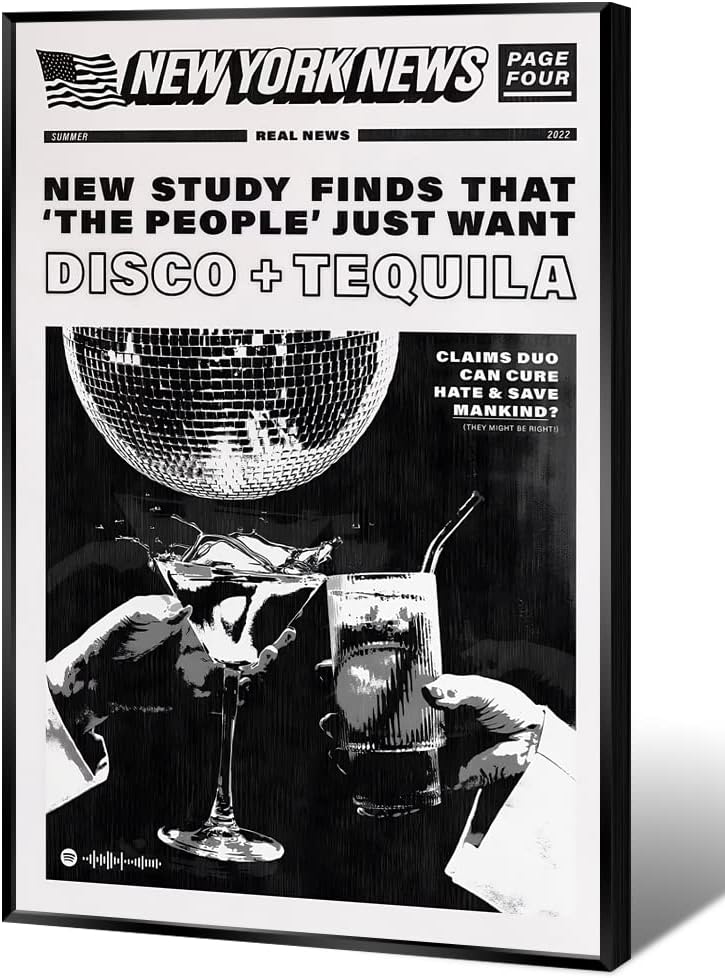HEMOLAL Cute Disco Tequila Headline Vintage Poster Black White Bar Print Painting Retro Canvas Wall Art Newspaper Room Decor Humor Quotes Trendy Retro Music for Living Room Bar Cart 24x36in Framed