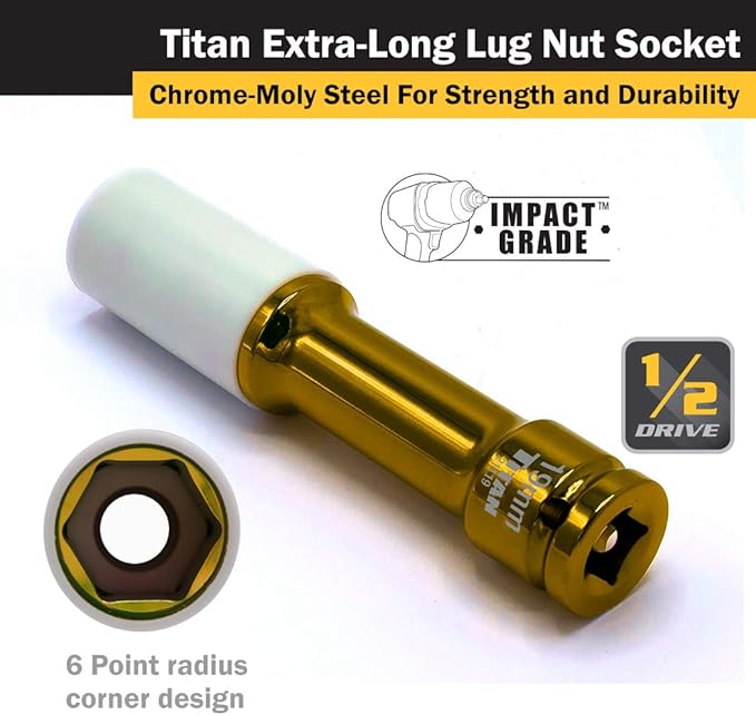 Dado de impacto extralargo para tuercas de seguridad Titan 21119 de 1/2 pulgada x 19 mm que no deja marcas 