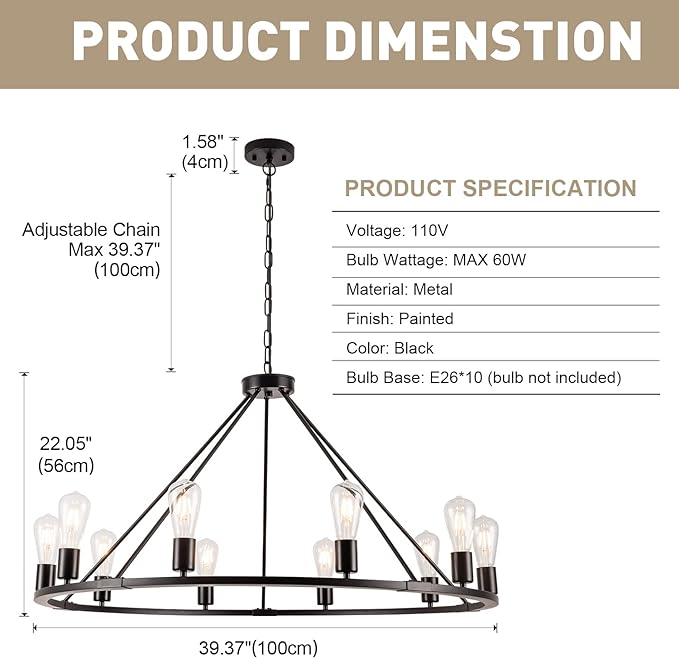 Large 10-Light Farmhouse Ceiling Chandelier 39.4" Wagon Wheel