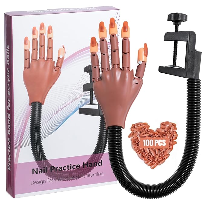 Practice Hand for Acrylic Nails, Flexible Never Fall Off Nail Trainning Adjustable Hands Kits, Fake Hands for Nail Practice, Nail Display Manicure, Movable Nail Maniquin Hand(100PCS Nail Tips)