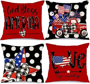 GEEORY 4th of July Decorations Pillow Covers 16 x 16 Set of 4 Polka Dots Stars and Stripes Truck Throw Pillow Covers Patriotic Pillows Independence Memorial Day Decor Cushion Case