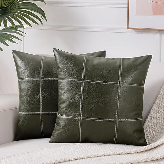 2 Packs Dark Green Waterproof Faux Leather Decorative Throw Pillow Covers 18x18