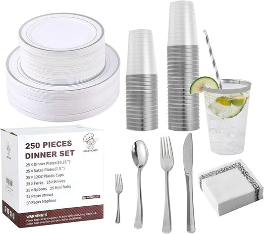 Juego de vajilla de plástico desechable plateada de 250 unidades, 50 platos de plástico plateados, 25 cubiertos de plástico, 25 vasos y pajitas plateadas, 50 servilletas, perfecto para bodas